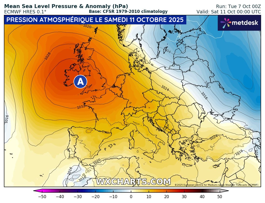 Pression atmosphérique prévue le samedi 11 octobre 2025