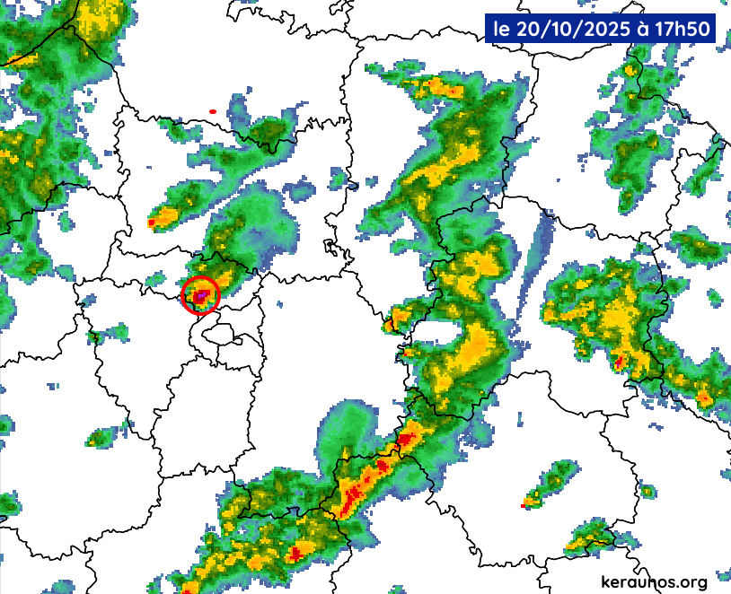 Echo radar au moment du passage de la tornade sur Ermont (95) le lundi 20 octobre 2025 à 17h50