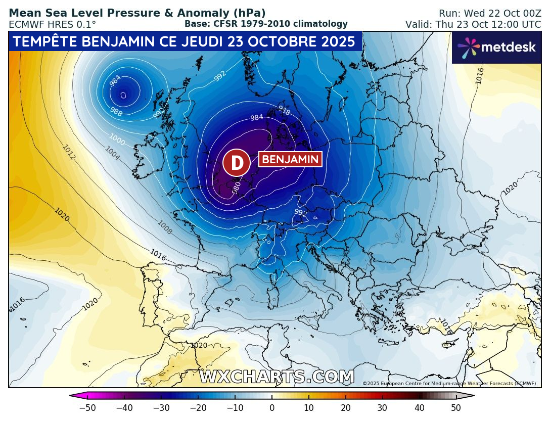 Dépression Benjamin en Mer du Nord ce jeudi 23 octobre 2025