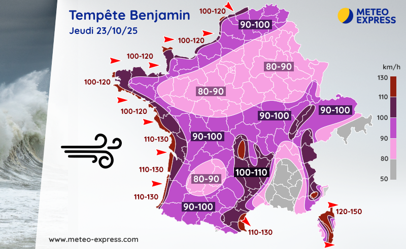 Rafales maximales prévues ce jeudi 23 octobre 2025 (tempête Benjamin)