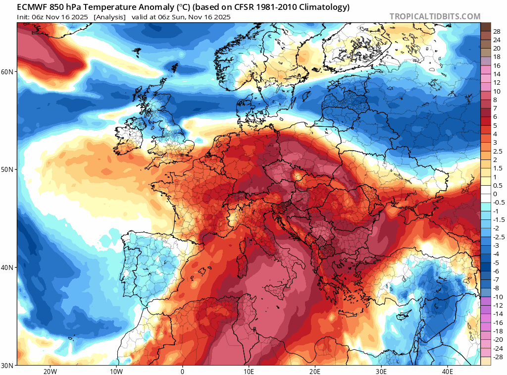 Anomalie thermique de la masse d'air du dimanche 16 au mercredi 19 novembre 2025