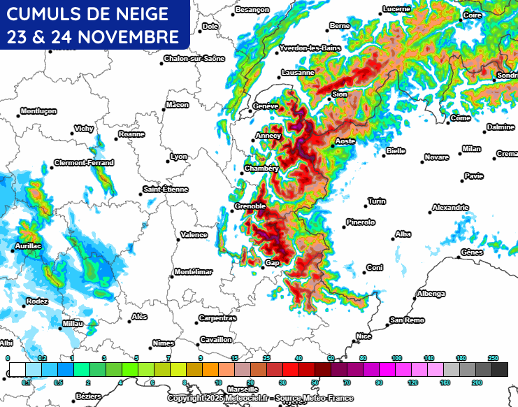 Cumuls de neige prévus dans les Alpes ces dimanche 23 et lundi 24 novembre 2025