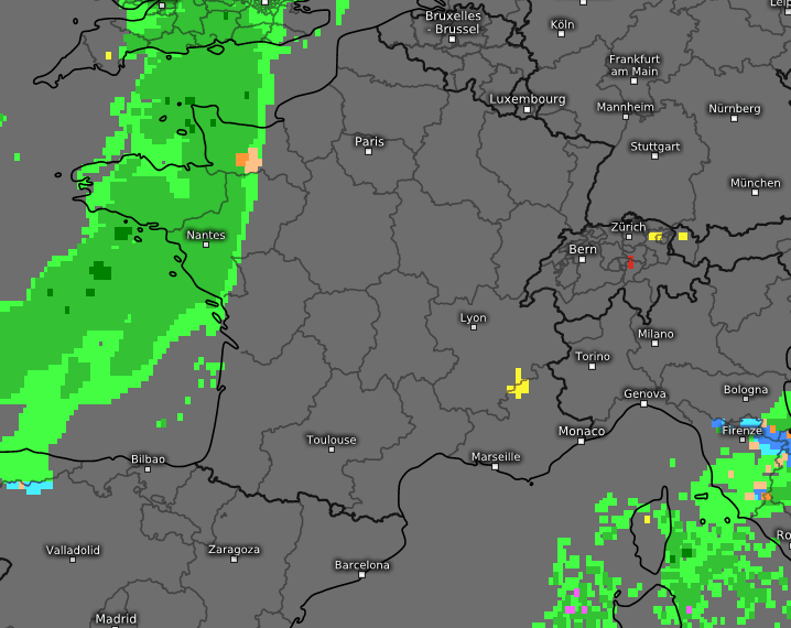 Nature des précipitations (neige en bleu) en nuit du samedi 22 au dimanche 23 novembre 2025