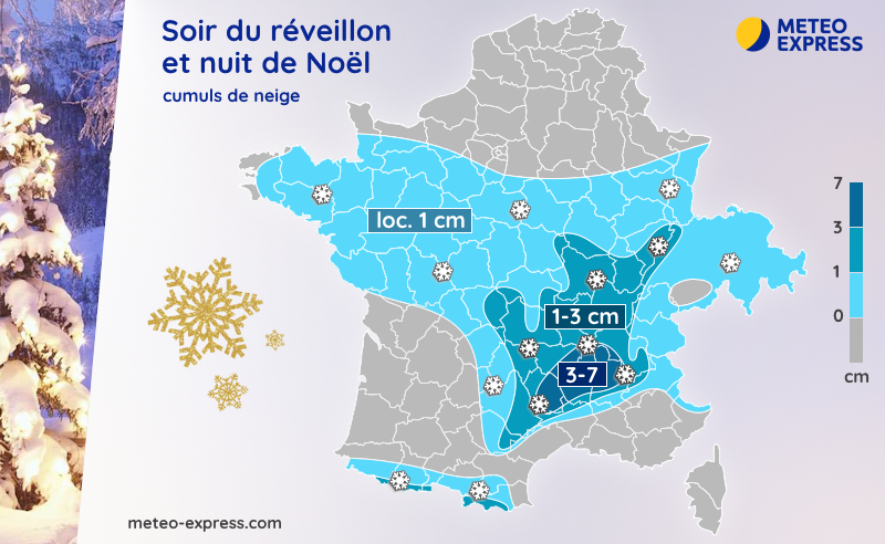 Cumuls de neige prévus en soirée du réveillon et nuit de Noël 2025
