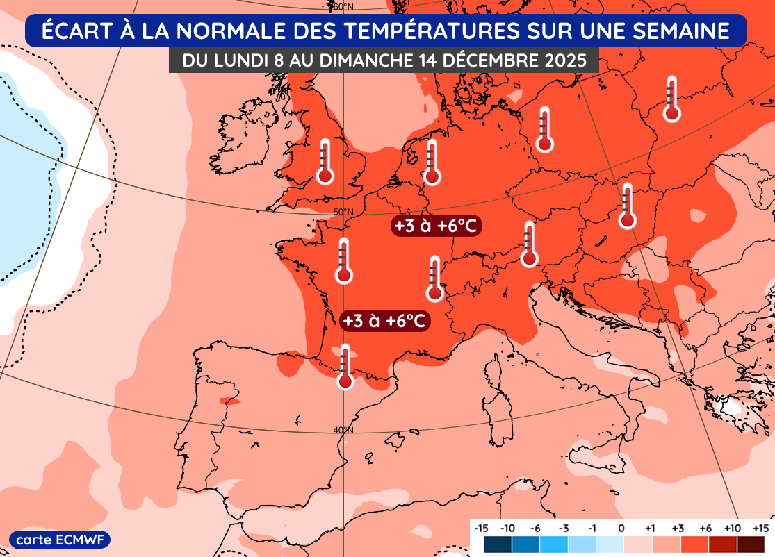 Anomalie thermique prévue en semaine du lundi 8 au dimanche 14 décembre 2025