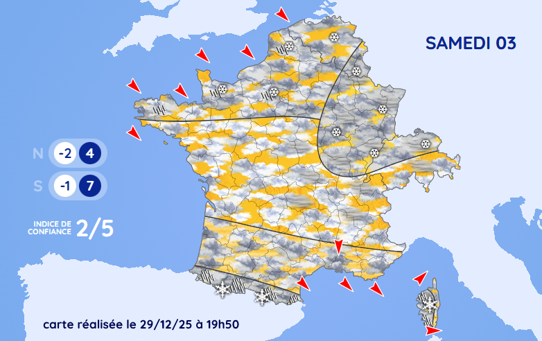 Prévisions pour le samedi 3 janvier 2026, réalisées le soir du lundi 29 décembre 2025