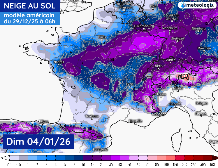 Couche de neige vue par le modèle américain pour le 4 janvier 2026, lundi matin puis mardi soir