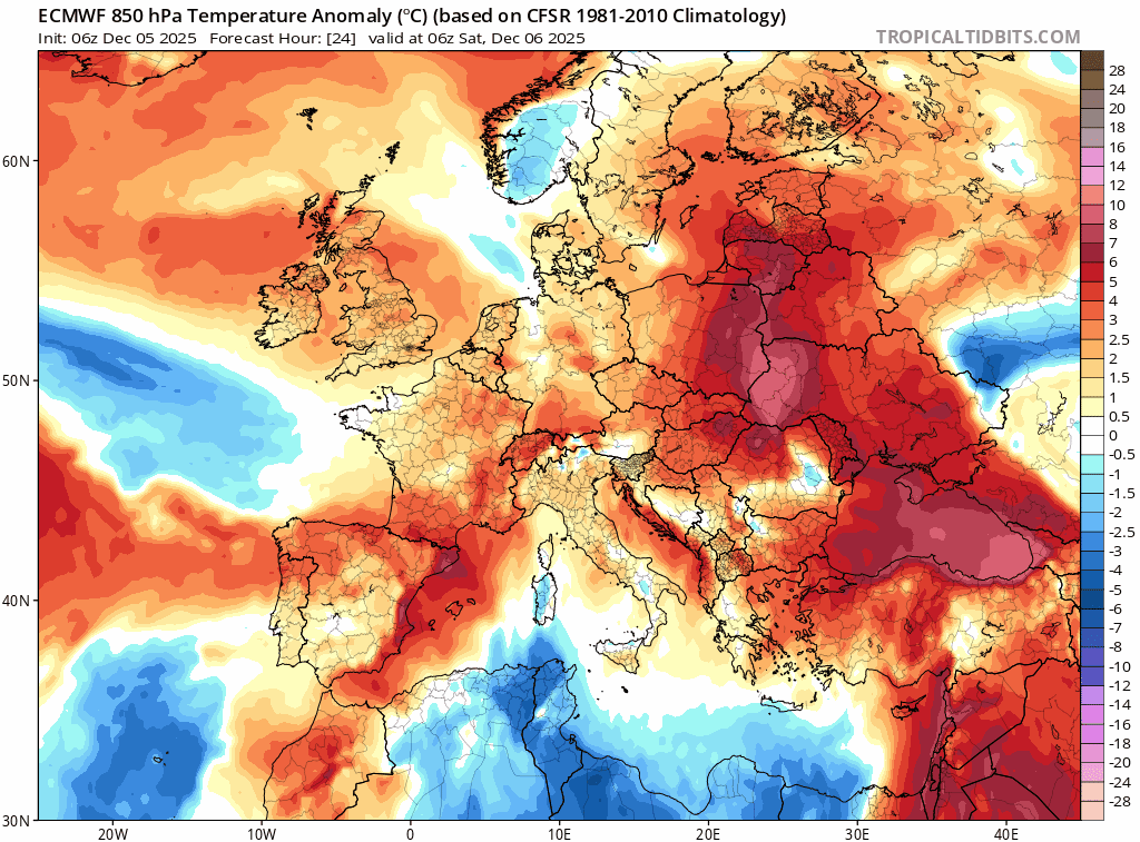 Anomalie thermique de la masse d'air vers 1500m du samedi 6 au mardi 9 décembre 2025