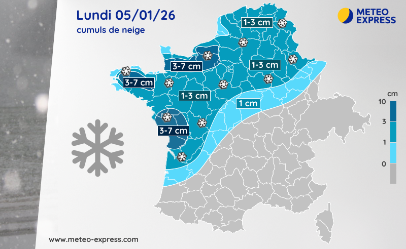 Cumuls de neige prévus le lundi 5 janvier 2026 et nuit suivante