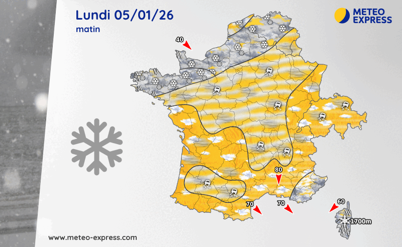 Prévisions météo du lundi 5 janvier 2026 et nuit suivante 
