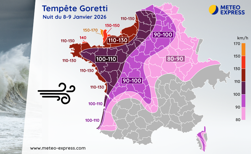 Rafales maximales de la tempête Goretti en nuit du jeudi 8 au vendredi 9 janvier 2026