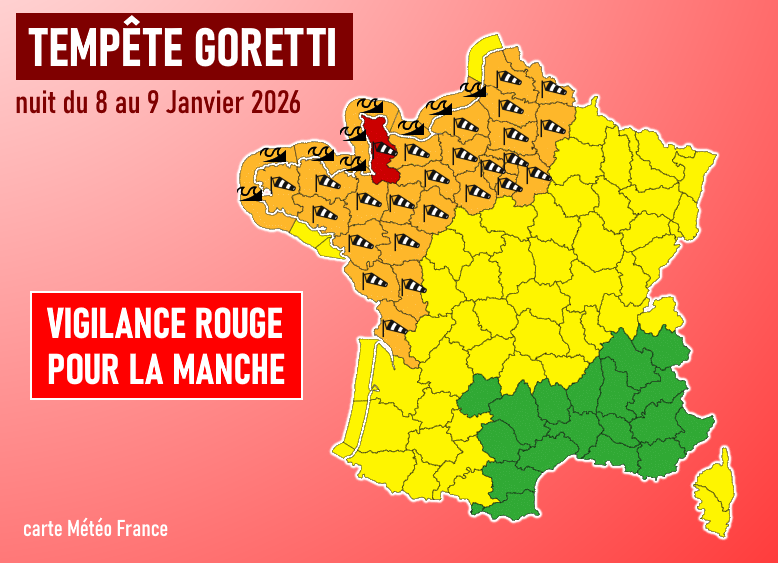 Carte de vigilance tempête pour la nuit du jeudi 8 au vendredi 9 janvier 2026