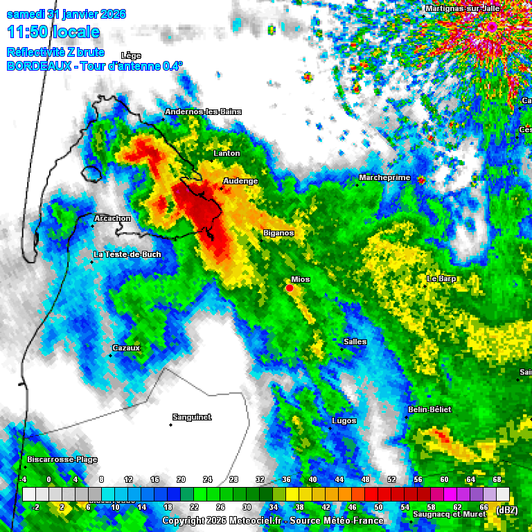 Images radar révélant la tornade de Mios (33) ce samedi 31 janvier 2026 vers midi