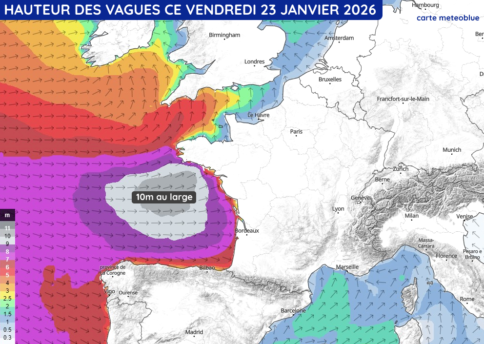 Hauteur des vagues générées par la tempête Ingrid ce vendredi 23 janvier 2026