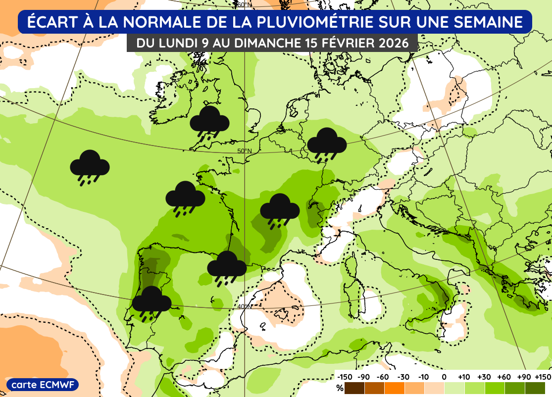 Anomalie de précipitations durant la semaine du lundi 9 au dimanche 15 février 2026