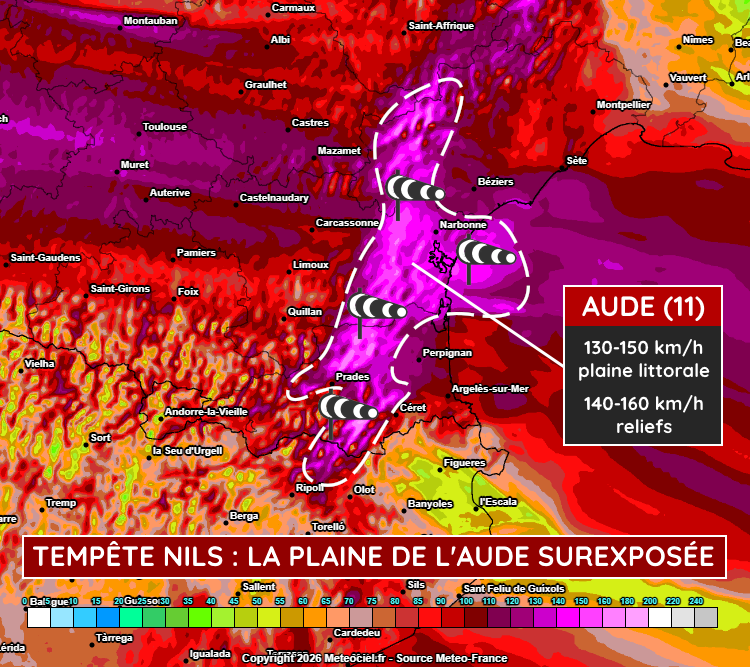 Rafales de vent maximales prévues en Occitanie ce jeudi 12 février 2026