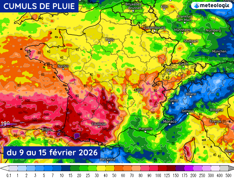 Cumuls de pluie modélisés du lundi 9 au dimanche 15 février 2026