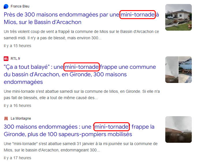 Articles de presse évoquant une "mini-tornade" en Gironde ce samedi