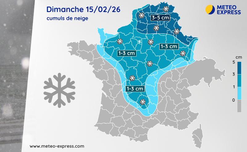 Cumuls de neige prévus pour le dimanche 15 février 2026 