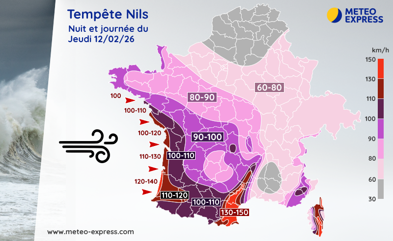 Rafales de vent de la tempête Nils en nuit et journée du jeudi 12 février 2026