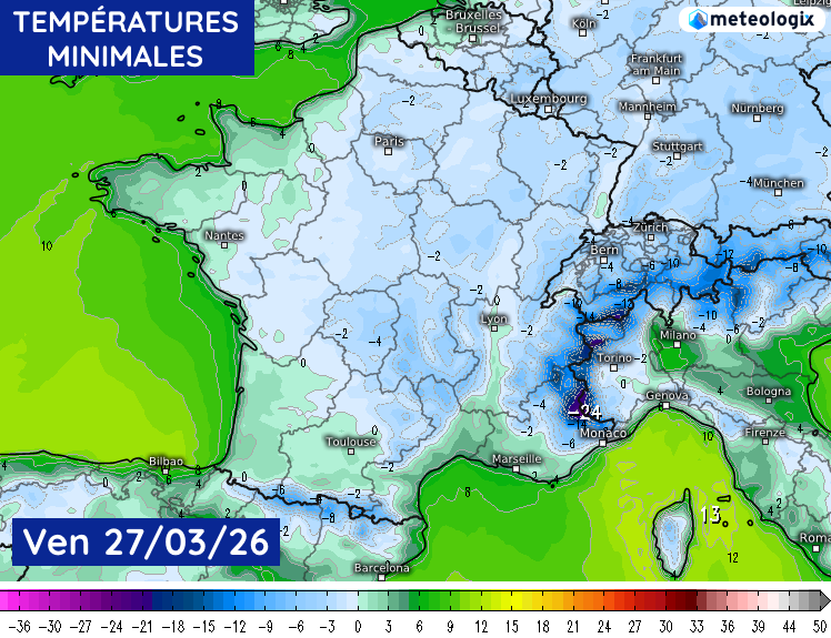 Températures minimales modélisées le vendredi 27 mars 2026