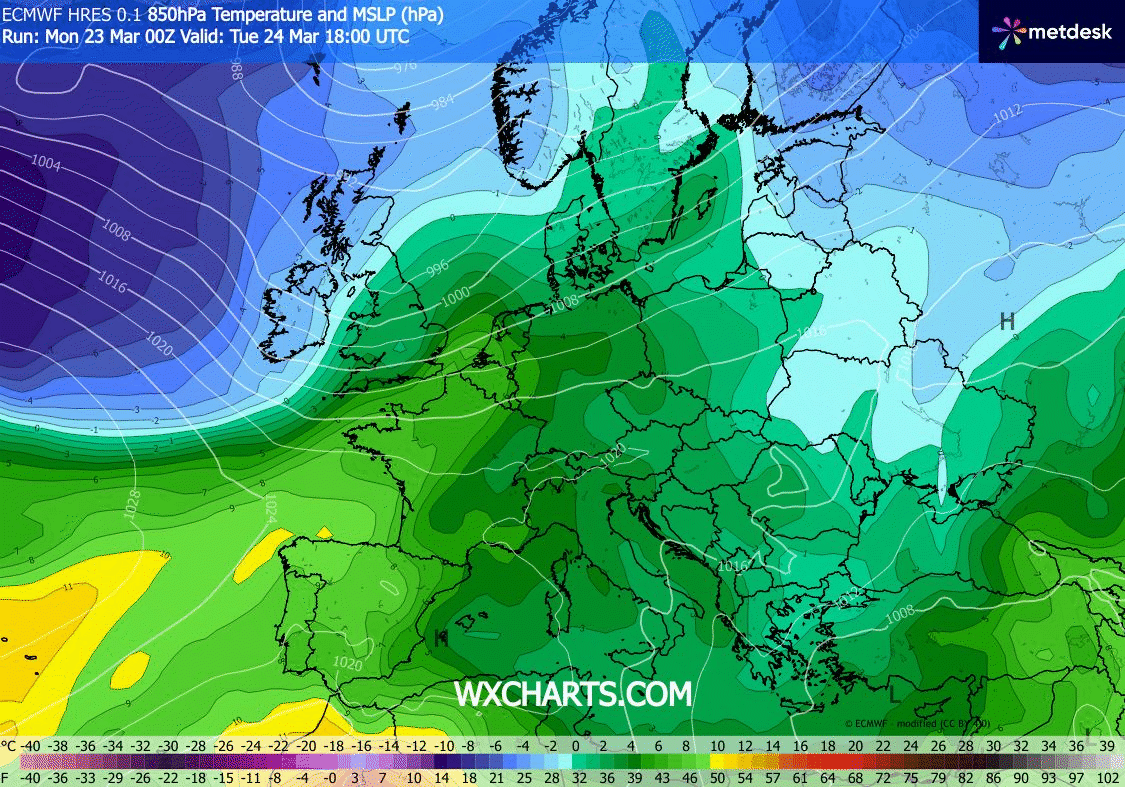 Masse d'air vers 1500m du mardi 24 mars au vendredi 27 mars 2026