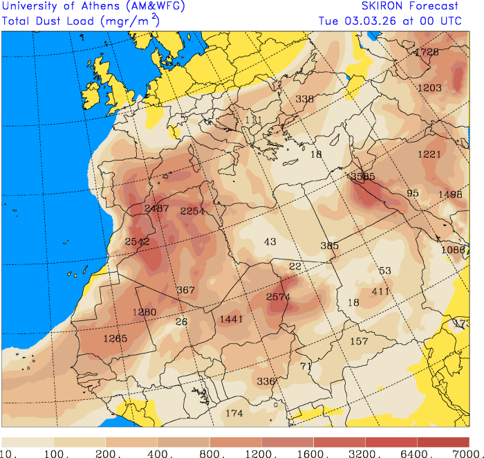 Densité de poussières de sable du Sahara du mardi 3 au dimanche 8 mai 2026