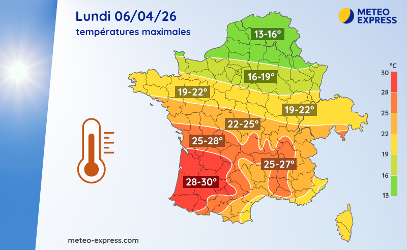 Températures maximales prévues le lundi 6 avril 2026