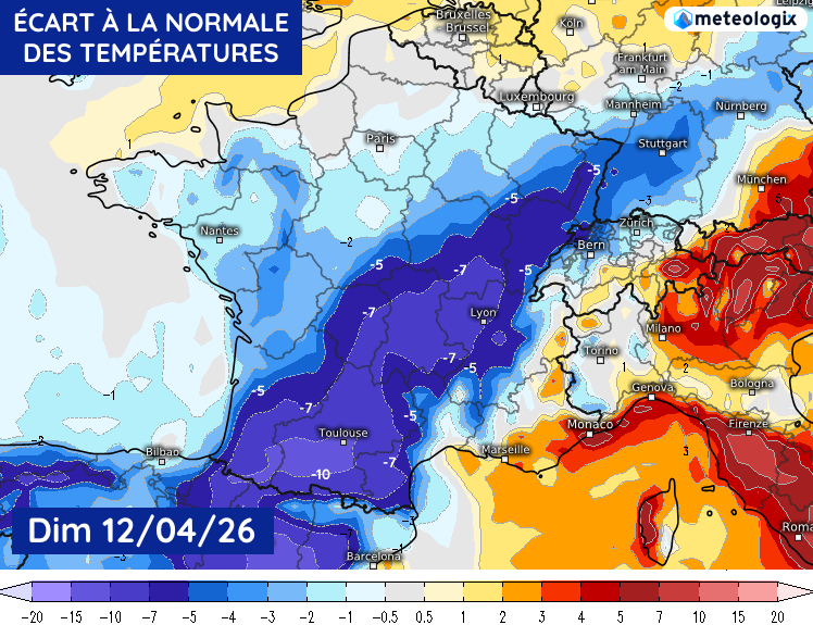 Écart à la normale des températures maximales ce dimanche 12 avril 2026