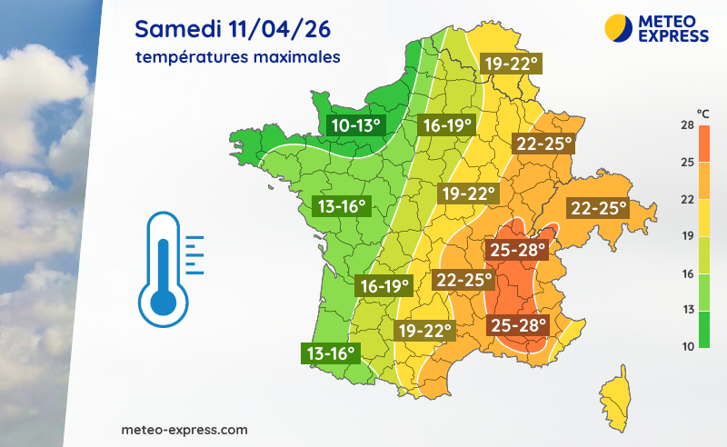 Températures maximales prévues ce samedi 11 avril 2026