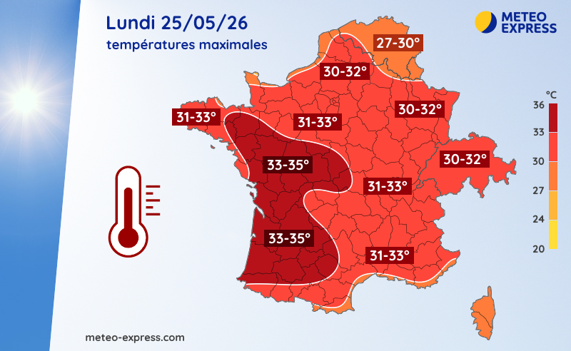 Températures maximales pour le lundi 25 mai 2026