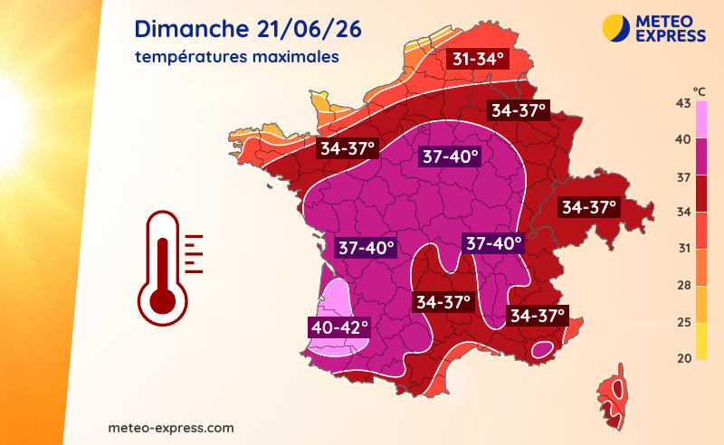 Températures maximales prévues ce dimanche 21 juin 2026