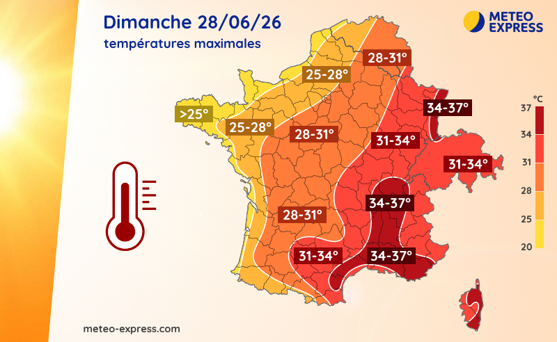 Températures maximales prévues le dimanche 28 juin 2026
