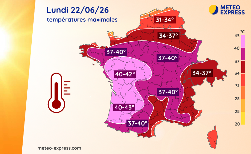Températures maximales prévues le lundi 22 juin 2026
