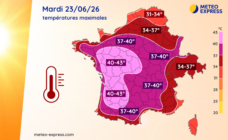Températures maximales prévues le mardi 23 juin 2026 