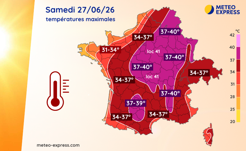 Températures maximales prévues le samedi 27 juin 2026