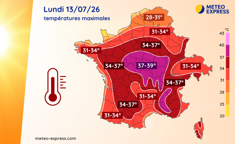 Températures maximales prévues le lundi 13 juin 2026