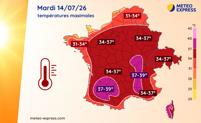 Températures maximales prévues le mardi 14 juin 2026