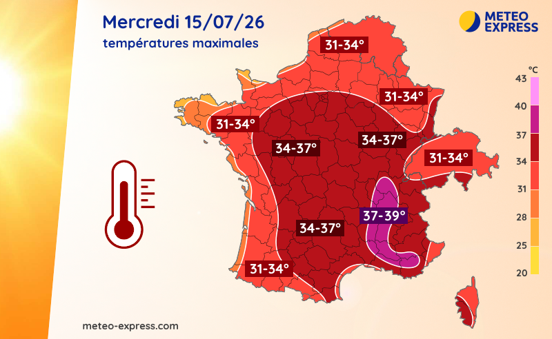 Températures maximales prévues le mercredi 15 juin 2026