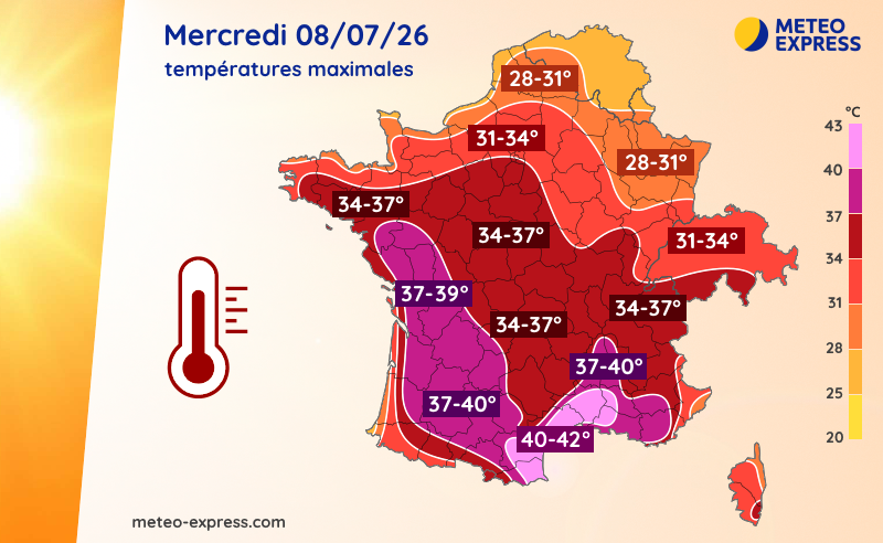 Températures maximales prévues ce mercredi 8 juillet 2026
