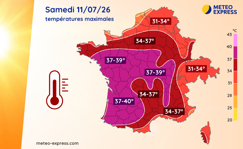 Températures maximales prévues ce samedi 11 juillet 2026