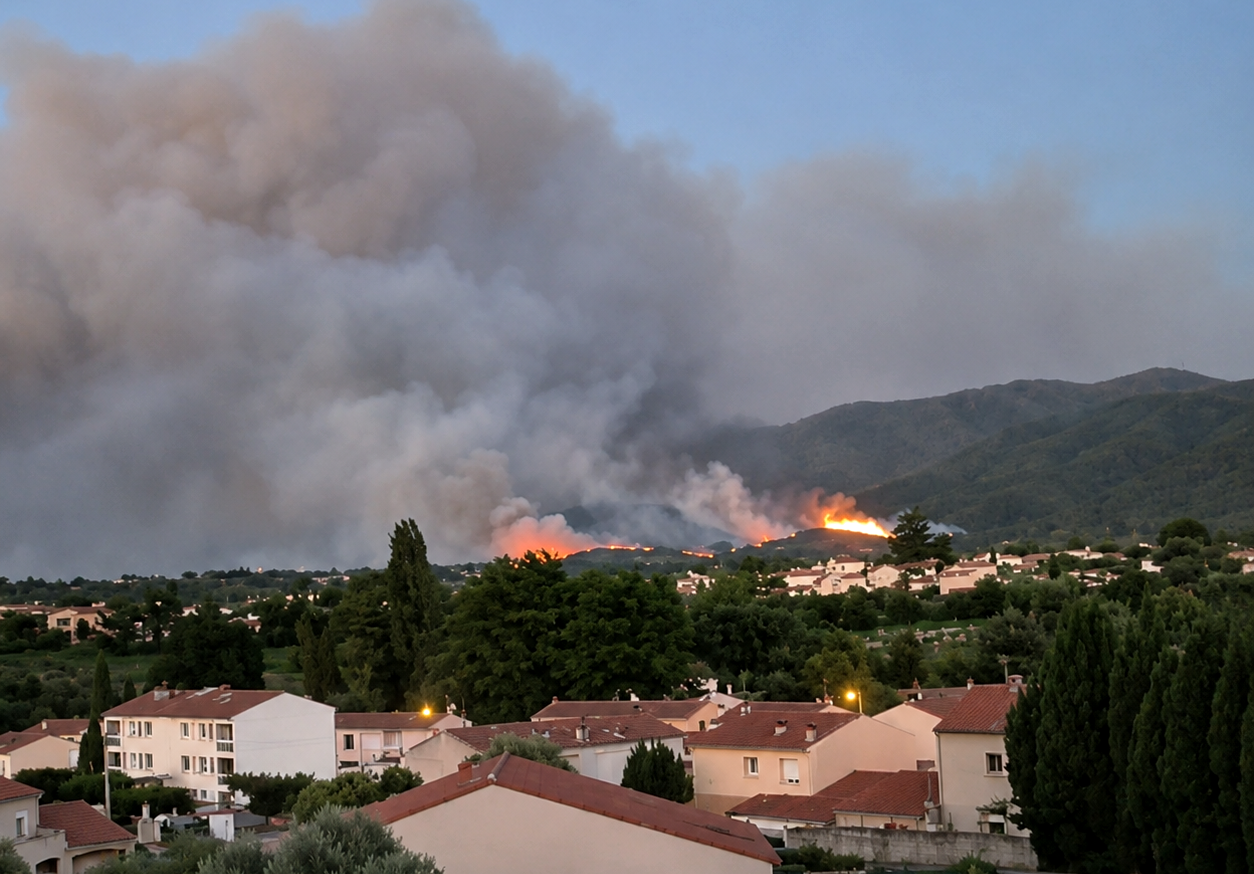 Le violent incendie vu depuis la commune de Vinça en soirée du dimanche 5 juillet 2026 
