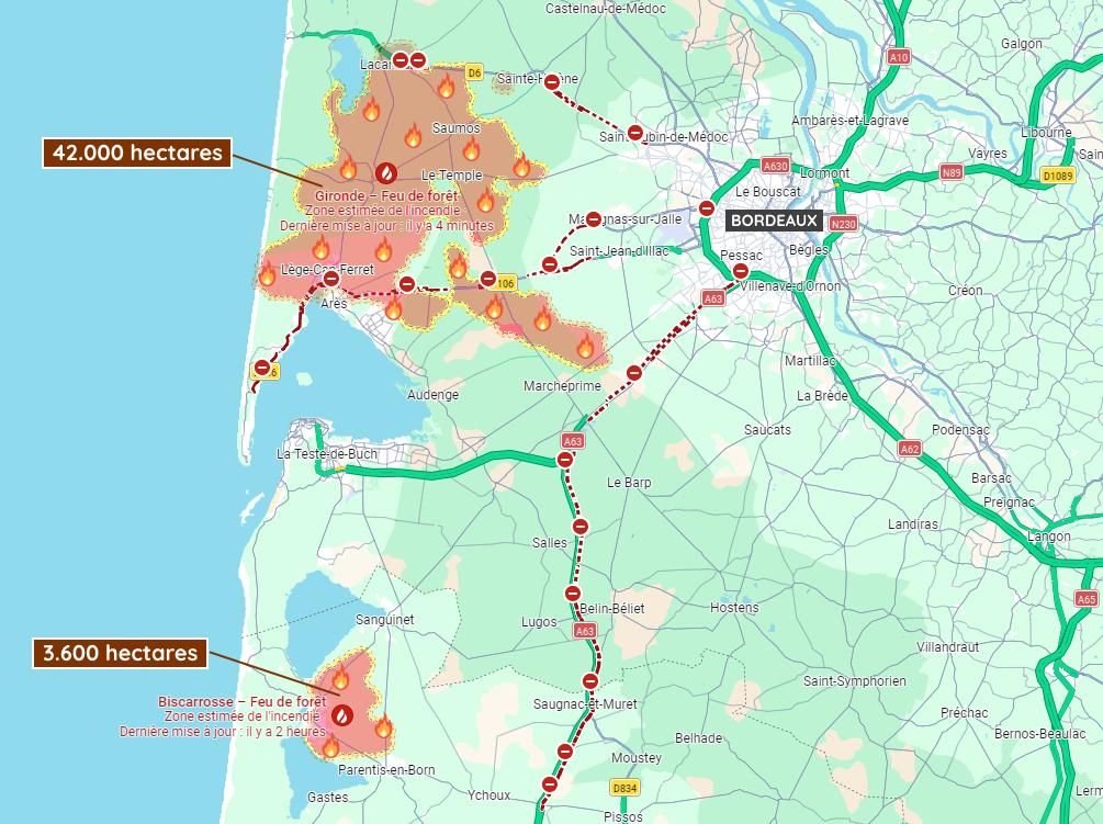 42.000 hectares brûlés par le feu en Gironde et 3.600 hectares dans les Landes