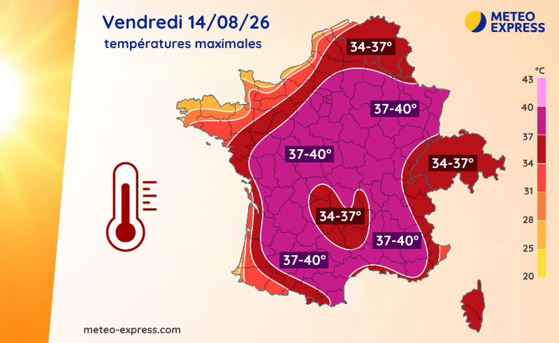 Températures maximales prévues ce vendredi 14 août 2026