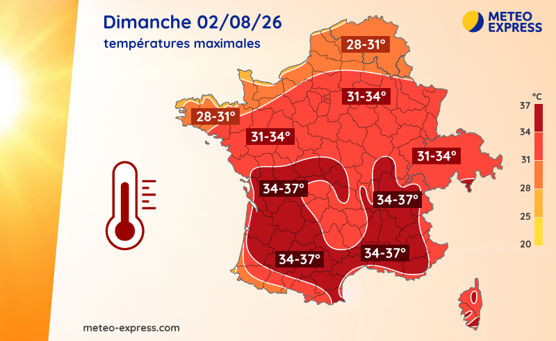 Températures maximales prévues ce dimanche 2 août 2026