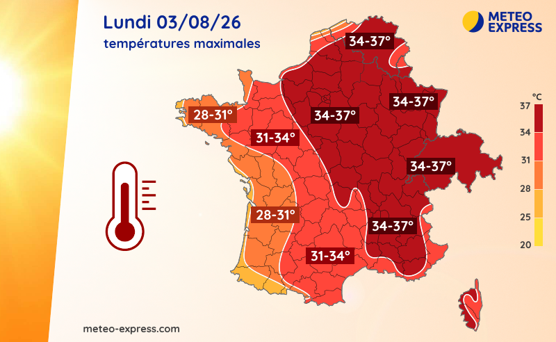 Températures maximales prévues ce lundi 3 août 2026