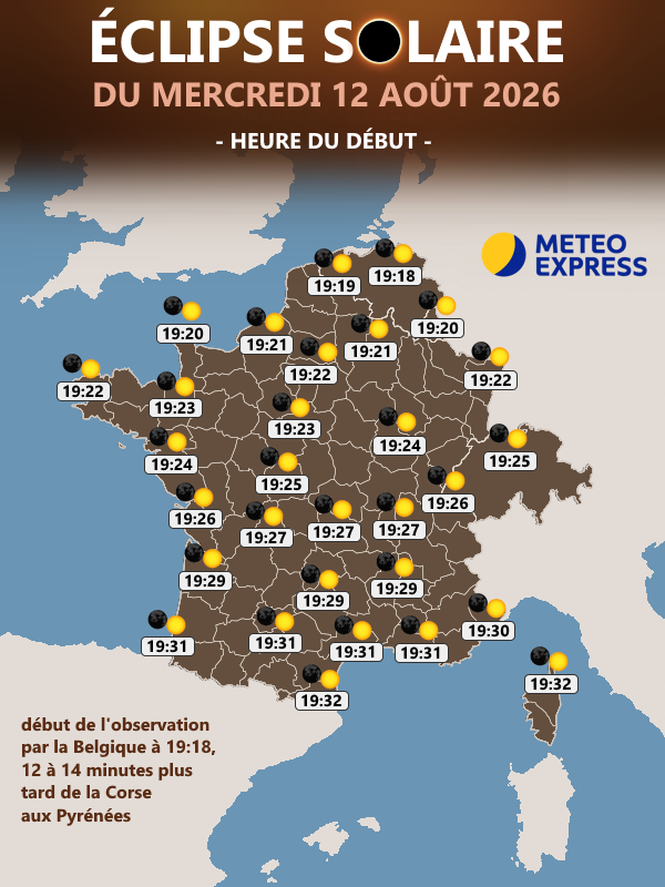 Heures du début de l'éclipse solaire du mercredi 12 août 2026