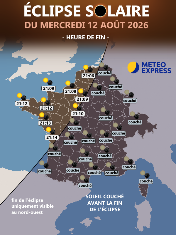 Heures de la fin de l'éclipse solaire du mercredi 12 août 2026