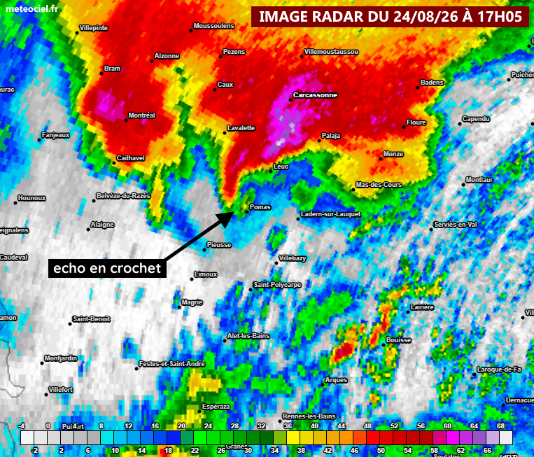 Image radar du vendredi 24 août 2026 à 17h05, au moment où la tornade frappe Pomas
