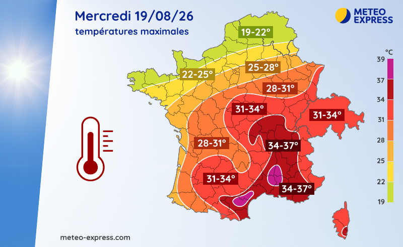 Températures maximales prévues ce mercredi 19 août 2026
